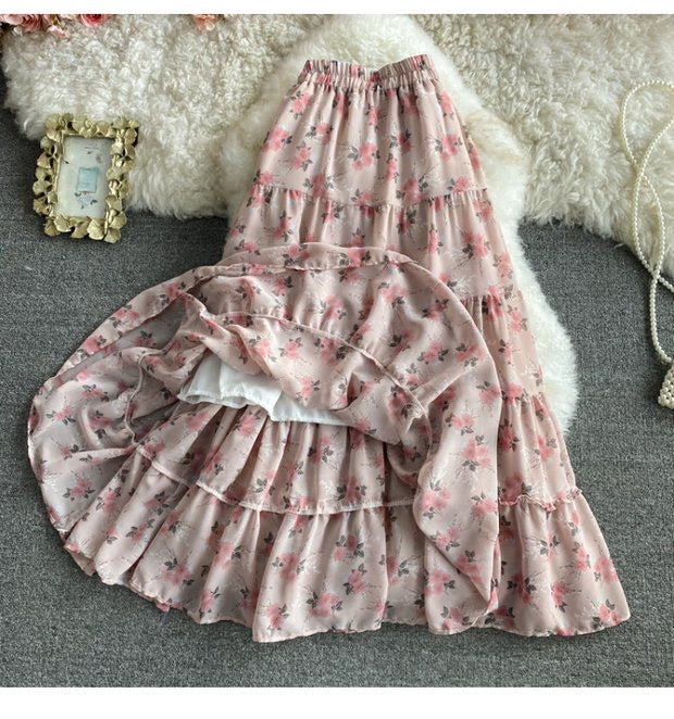 Elastic-waist floral chiffon skirt, all-match sweet long skirt, high waist fairy A-line big swing long skirt  3562