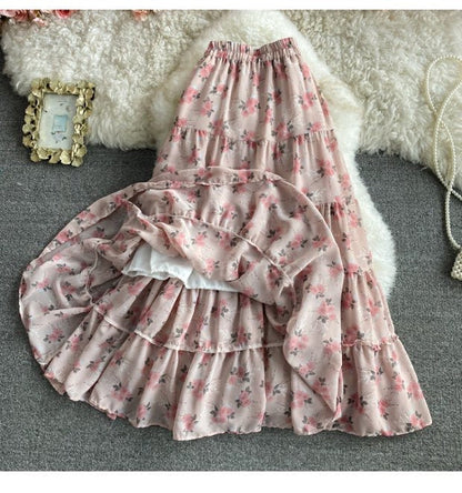 Elastic-waist floral chiffon skirt, all-match sweet long skirt, high waist fairy A-line big swing long skirt  3562