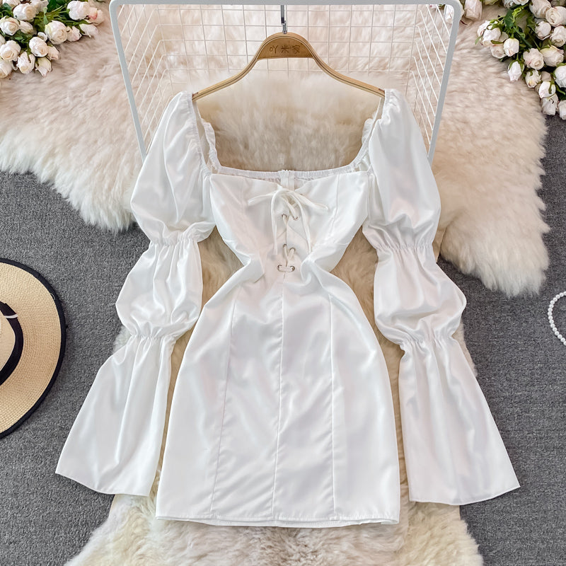 Bubble sleeve square neck high waist slim dress  3761