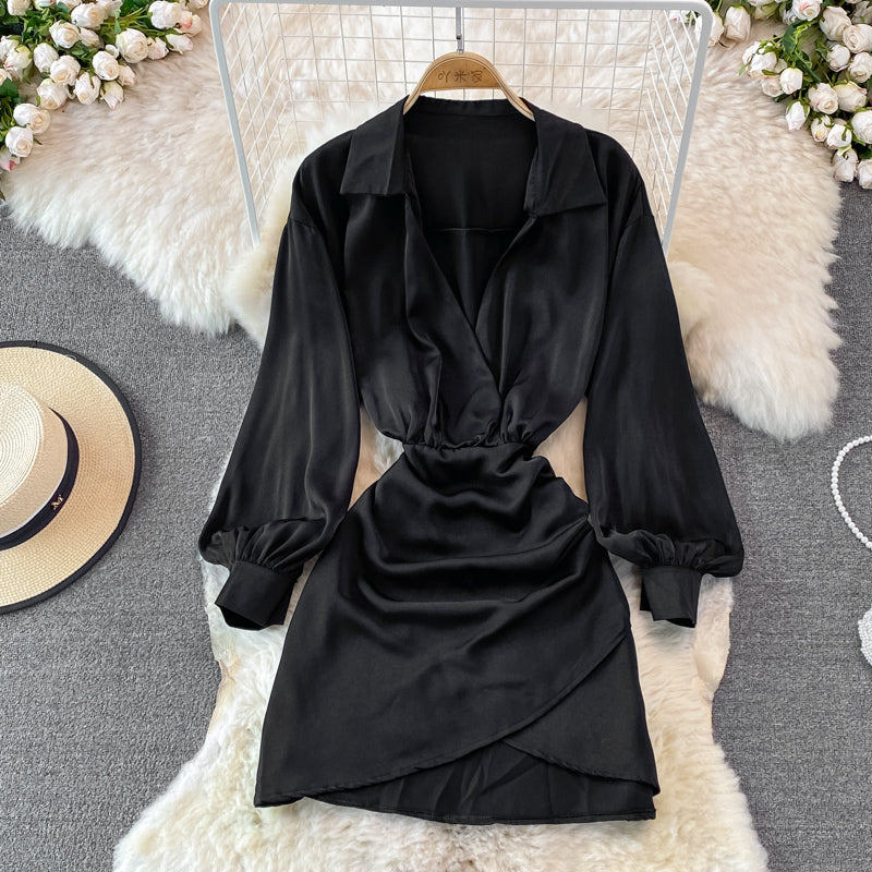 Lapel waistband slim pleated buttock bottomed dress  3752