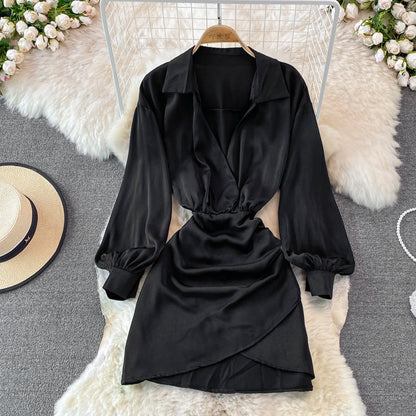 Lapel waistband slim pleated buttock bottomed dress  3752
