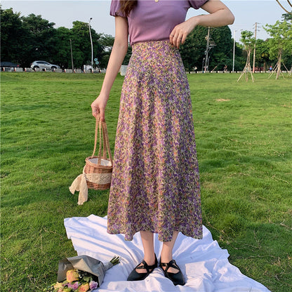 Midi floral skirt, new style, high waist, drawstring fishtail A-line skirt  3652