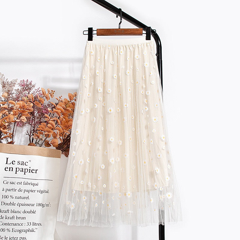New style, double mesh, Daisy high waist A-line skirt, mid-length skirt  3589