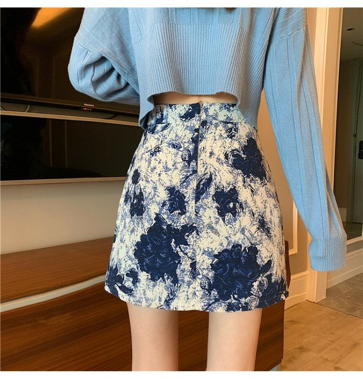 Oil painting skirt, new style, high waist, short skirt, buttock skirt, split A-line skirt  3558