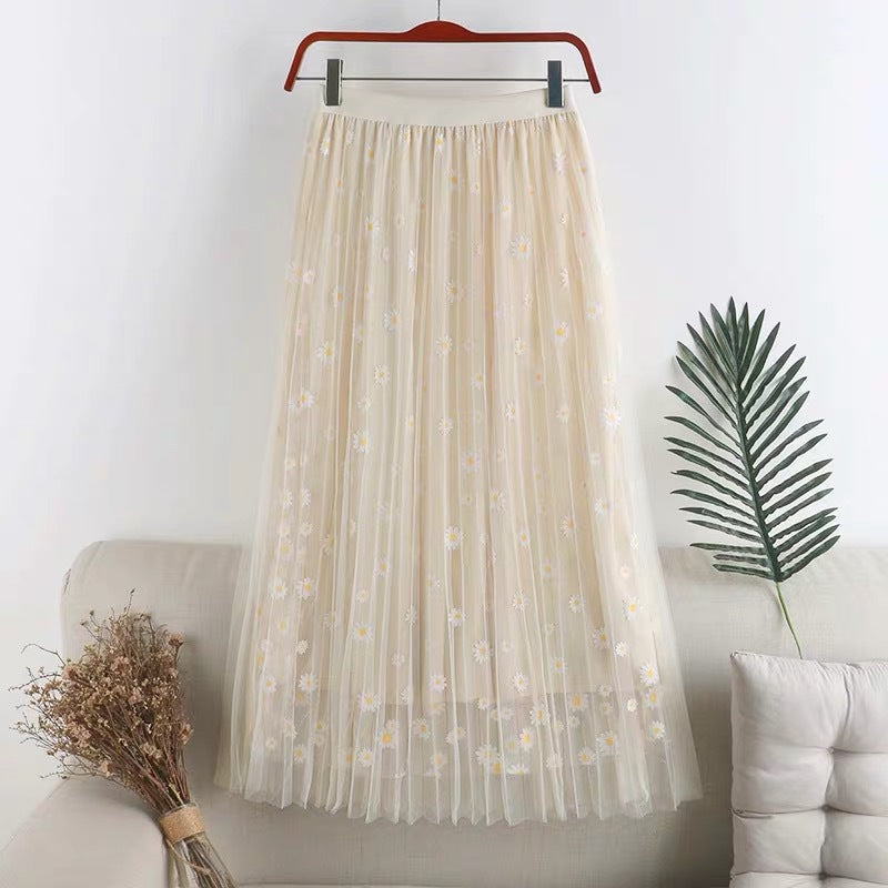 New style, double mesh, Daisy high waist A-line skirt, mid-length skirt  3589