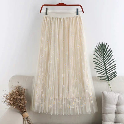 New style, double mesh, Daisy high waist A-line skirt, mid-length skirt  3589