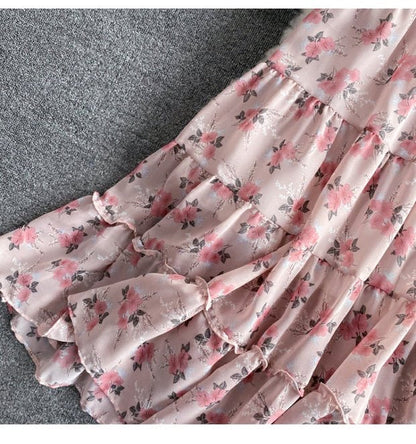 Elastic-waist floral chiffon skirt, all-match sweet long skirt, high waist fairy A-line big swing long skirt  3562