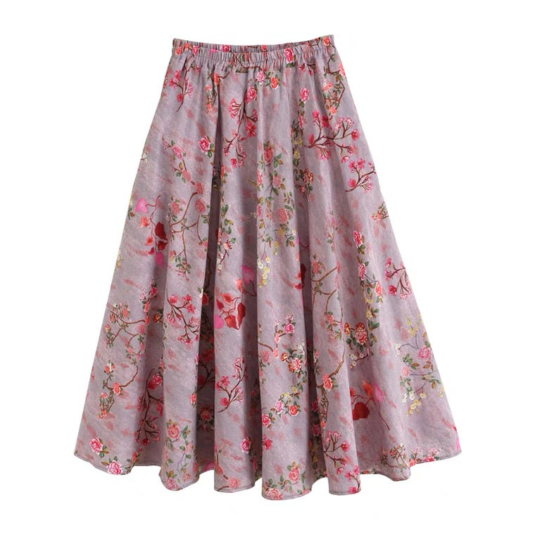 Flower skirt, cotton and linen midi skirt with pocket, purple A-line skirt  3573