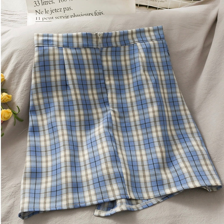 Literary, small and fresh, irregular breasted high waist A-line skirt, plaid skirt  3614