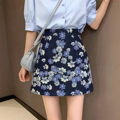 Flower denim skirt, new style, high waist bodycon skirt, A-line skirt  3556