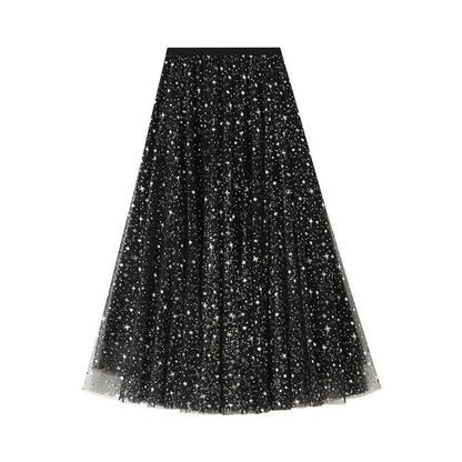 New style, starry sky skirt, fairy A line bouffant long skirt, sequined star tulle skirt  3590