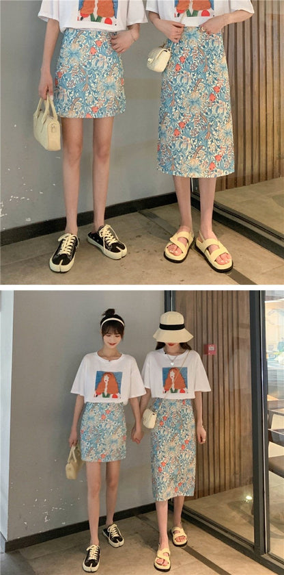 Oil painting broken flower skirt, summer, thin bodycon skirt,high waist midi skirt  3555