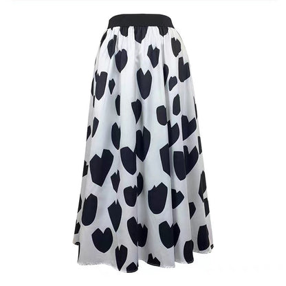 Sweet wind, heart print mid-length skirt, high waist thin A-line skirt  3595
