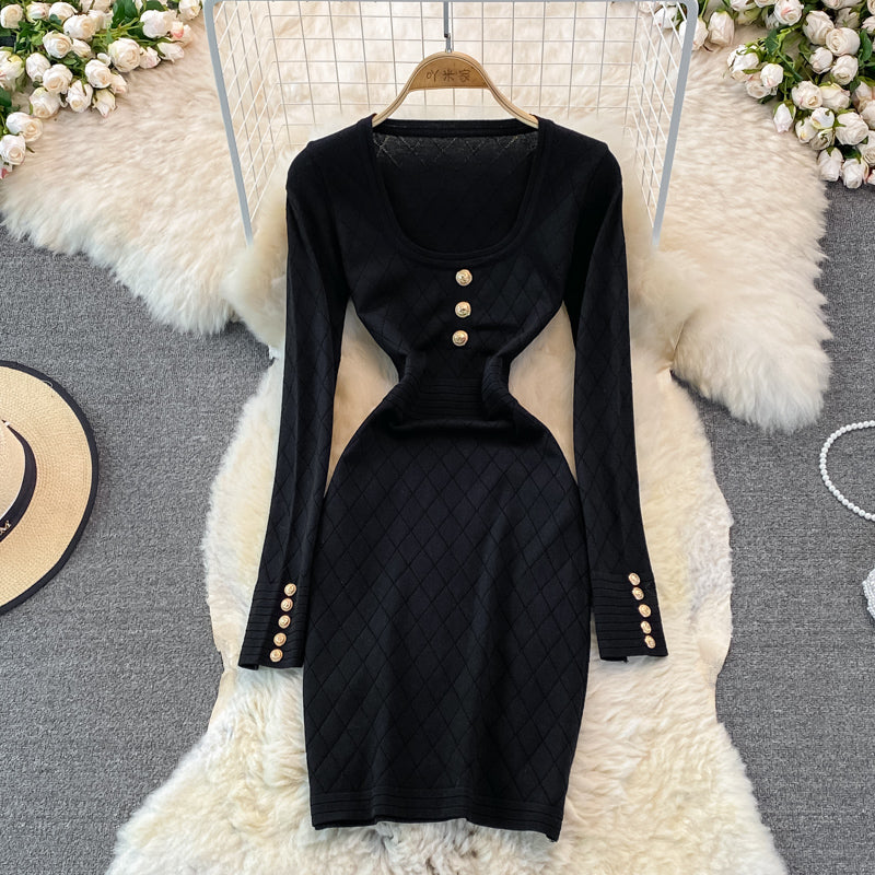 Long sleeve sexy personalized square neck knitted bag hip bottomed dress  3781
