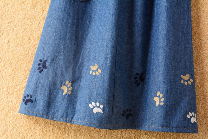 Spring and summer, new ,denim skirt, cute cat embroidery, high waist big swing mid-length skirt, A-line skirt  3611