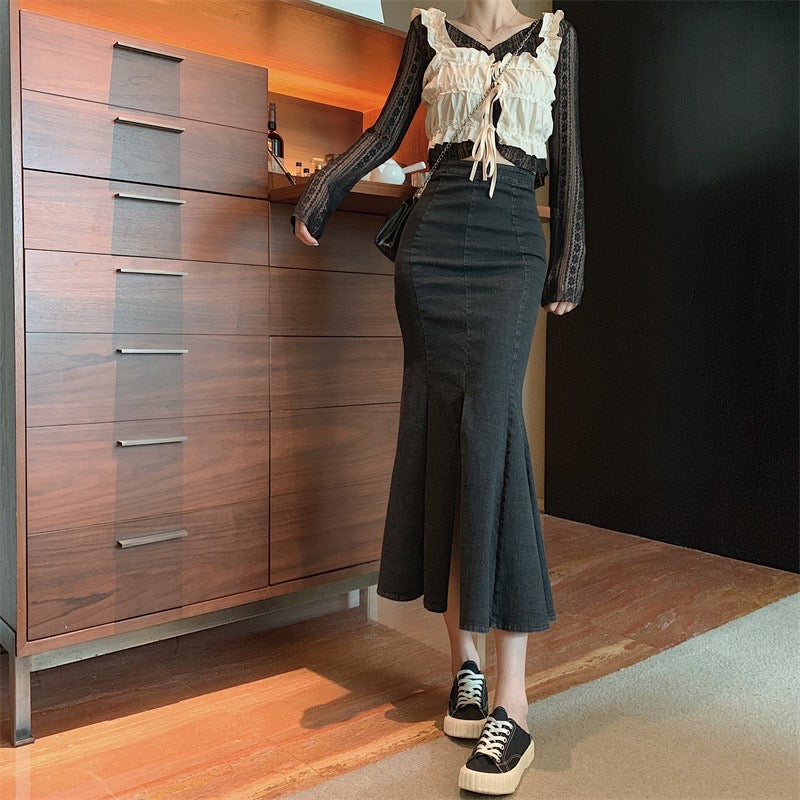 Fashion Mermaid Skirt, New Style, High Waist, Midi Hip Skirt, Vintage Denim Skirt  3570