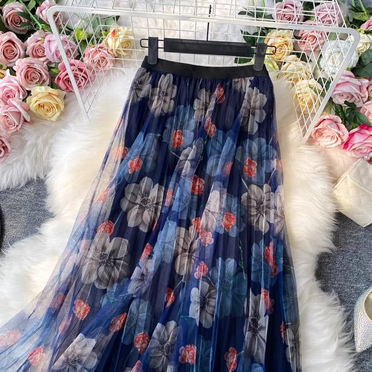 Fashion print skirt, elastic waist gauze skirt, new style, high waist pleated skirt, A-line skirt mid-length skirt  3523