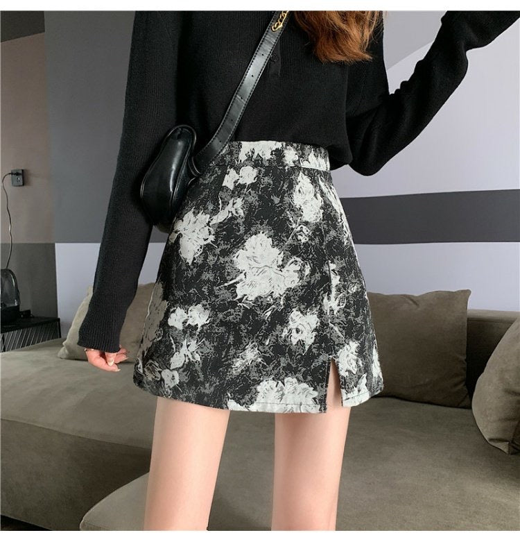 Oil painting skirt, new style, high waist, short skirt, buttock skirt, split A-line skirt  3558