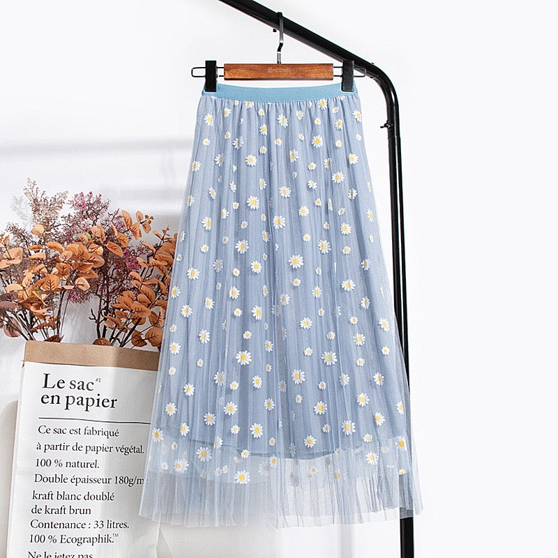 New style, double mesh, Daisy high waist A-line skirt, mid-length skirt  3589