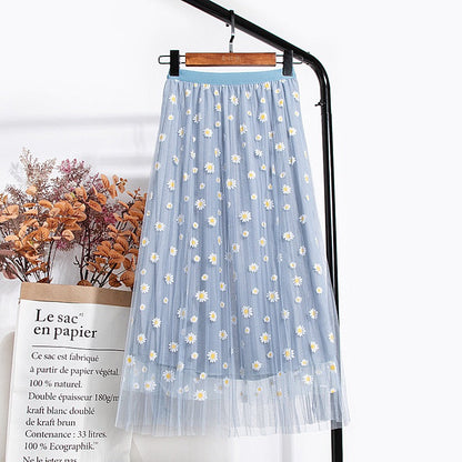 New style, double mesh, Daisy high waist A-line skirt, mid-length skirt  3589