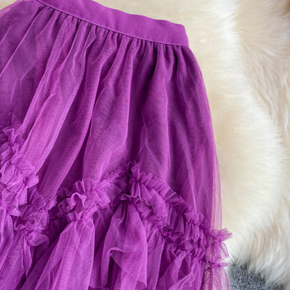 High waist mid length over the knee skirt, versatile cake skirt mid skirt mesh skirt, elastic waist pleated skirt  3528