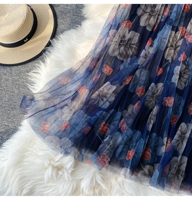 Fashion print skirt, elastic waist gauze skirt, new style, high waist pleated skirt, A-line skirt mid-length skirt  3523