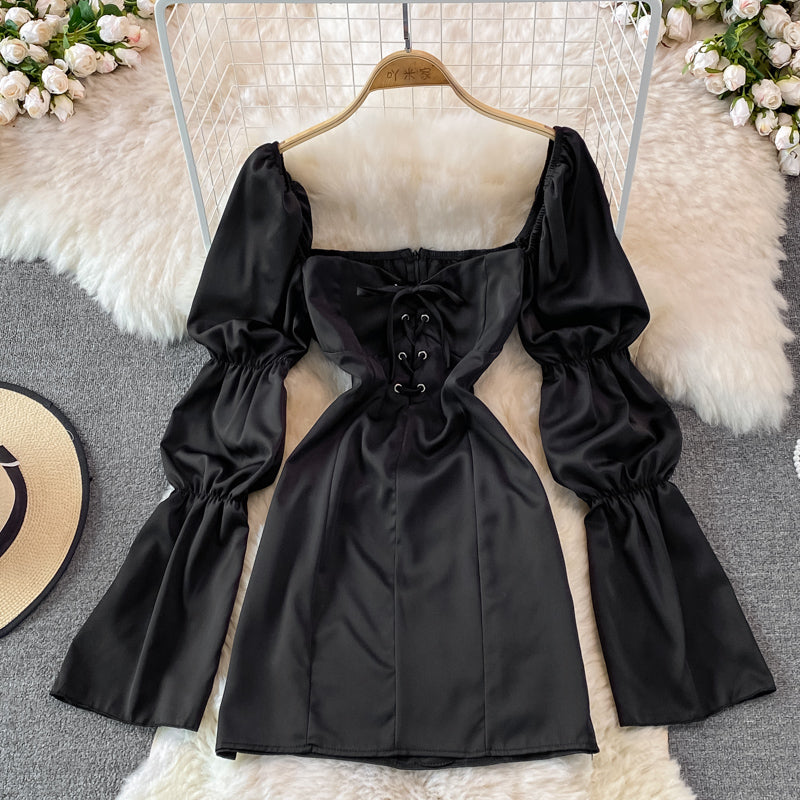 Bubble sleeve square neck high waist slim dress  3761