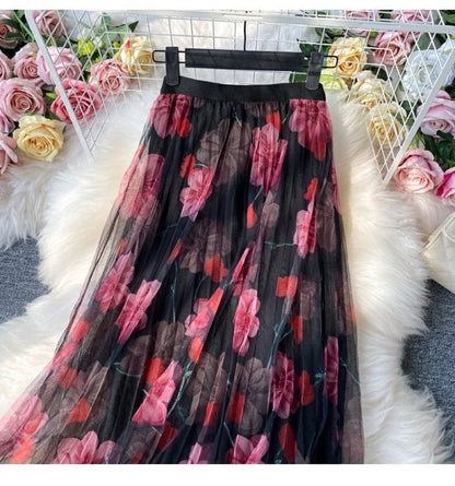Fashion print skirt, elastic waist gauze skirt, new style, high waist pleated skirt, A-line skirt mid-length skirt  3523
