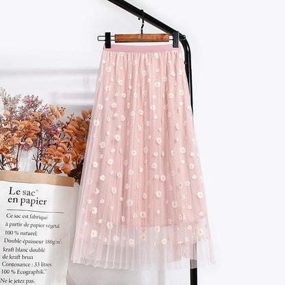 New style, double mesh, Daisy high waist A-line skirt, mid-length skirt  3589