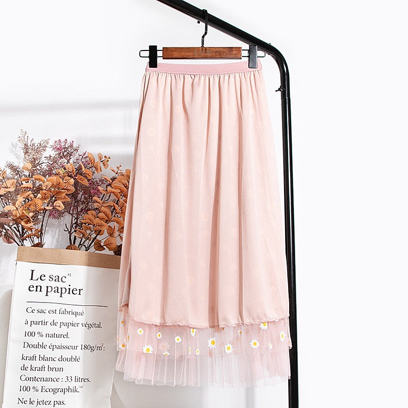 New style, double mesh, Daisy high waist A-line skirt, mid-length skirt  3589