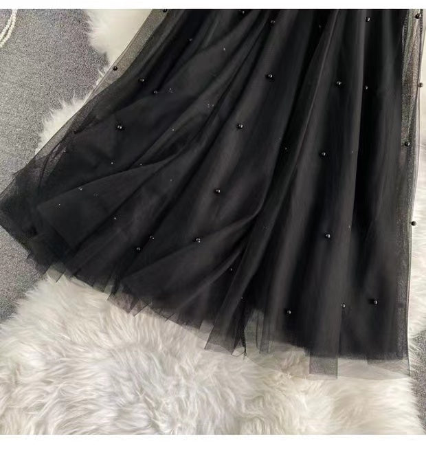 Nailbead tulle skirt, autumn and winter, new style, high waist, medium length, versatile, A-line super fairy skirt  3526