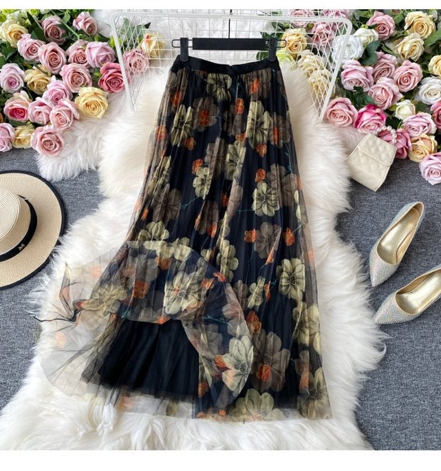 Fashion print skirt, elastic waist gauze skirt, new style, high waist pleated skirt, A-line skirt mid-length skirt  3523