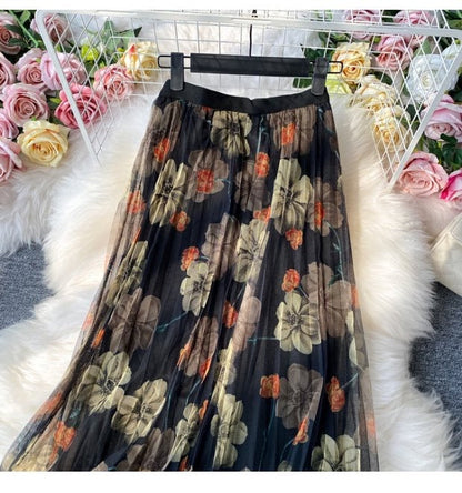 Fashion print skirt, elastic waist gauze skirt, new style, high waist pleated skirt, A-line skirt mid-length skirt  3523