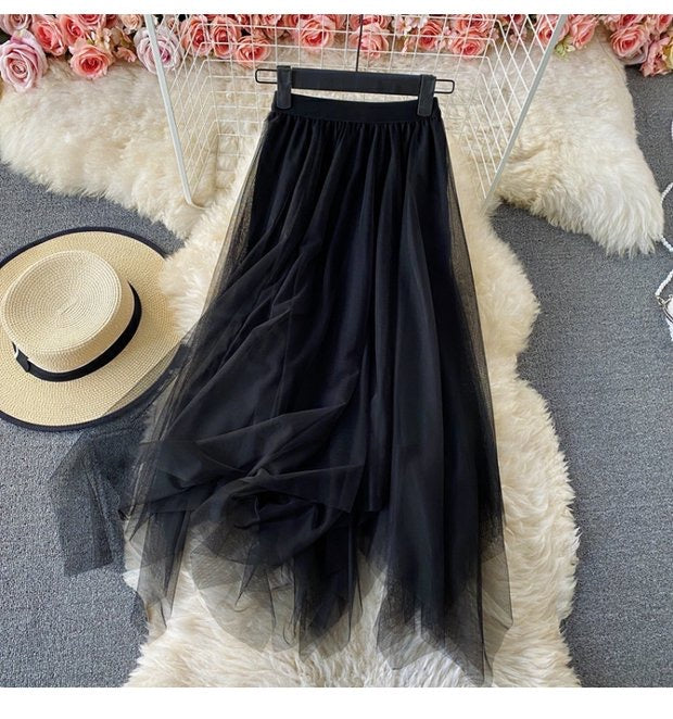 Elastic waist irregular mesh skirt, high waist medium long A-line skirt, fairy skirt shaggy skirt  3525