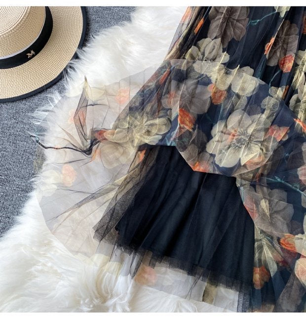 Fashion print skirt, elastic waist gauze skirt, new style, high waist pleated skirt, A-line skirt mid-length skirt  3523