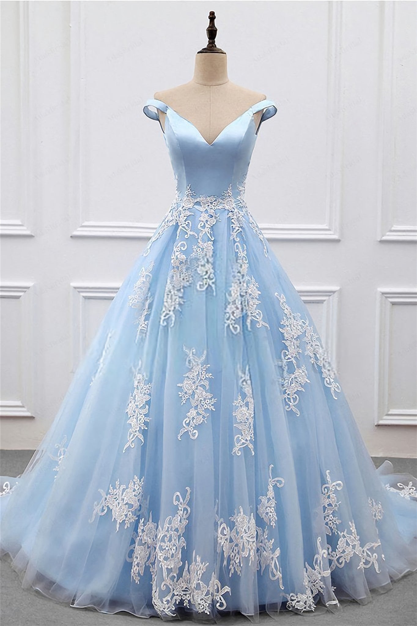 Light Blue Appliques Off-Shoulder A-line Long Prom Dress
