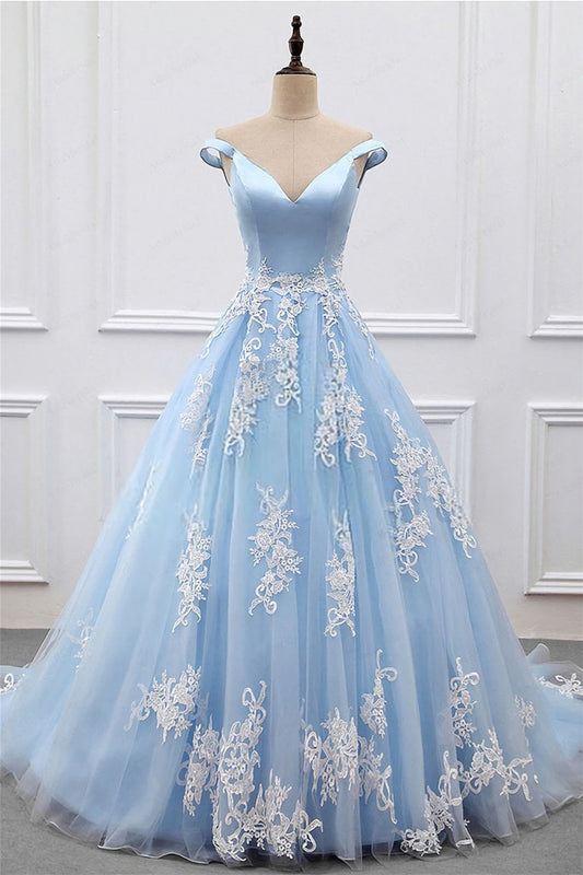 Light Blue Appliques Off-Shoulder A-line Long Prom Dress