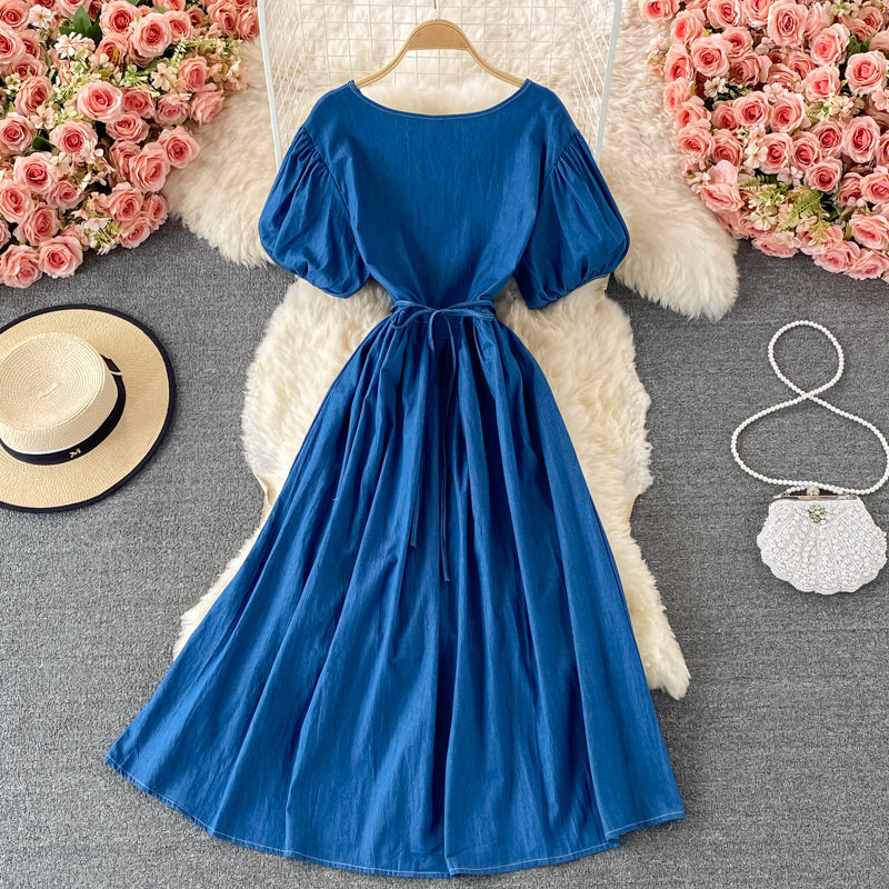 Simple V Neckline Denim Dress A Line Fashion Dress  10836