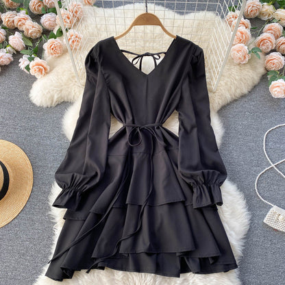 Simple V Neck Long Sleeve Dress Fashion Dress  10775