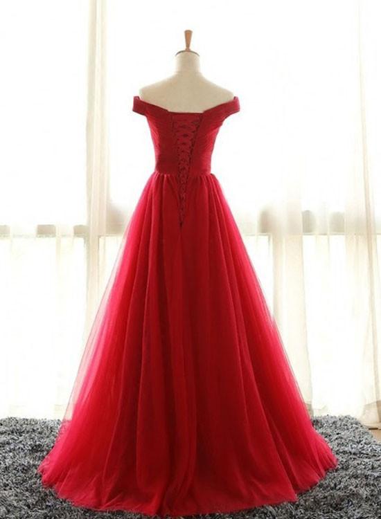 Red A Line Off Shoulder Tulle Prom Dress Ruched Bodice Formal Dresses