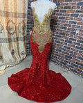 Sparkle Red Mermaid Dress Formal Gown Gold Crystal