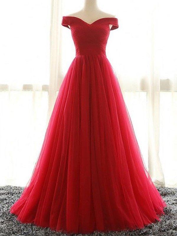 Red A Line Off Shoulder Tulle Prom Dress Ruched Bodice Formal Dresses