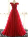 Red A Line Off Shoulder Tulle Prom Dress Ruched Bodice Formal Dresses