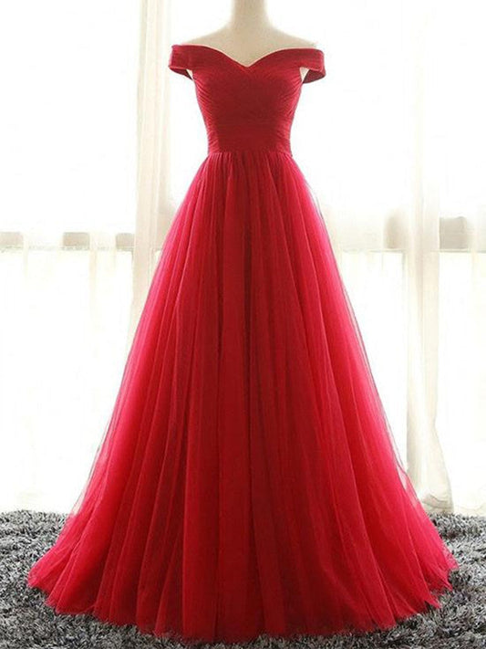 Red A Line Off Shoulder Tulle Prom Dress Ruched Bodice Formal Dresses