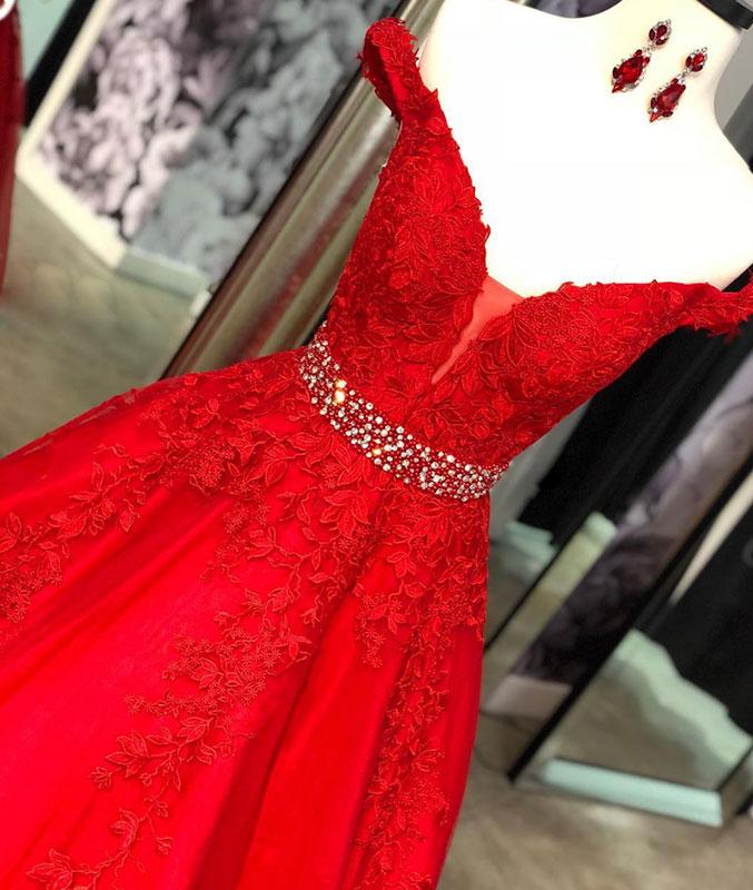 Red Prom Dresses Off Shoulder Lace Appliques Long Formal Occasion Dress