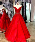 Red Prom Dresses Off Shoulder Lace Appliques Long Formal Occasion Dress