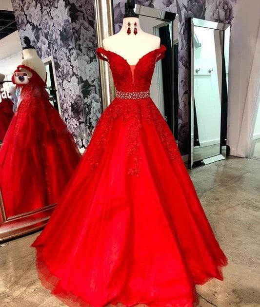 Red Prom Dresses Off Shoulder Lace Appliques Long Formal Occasion Dress