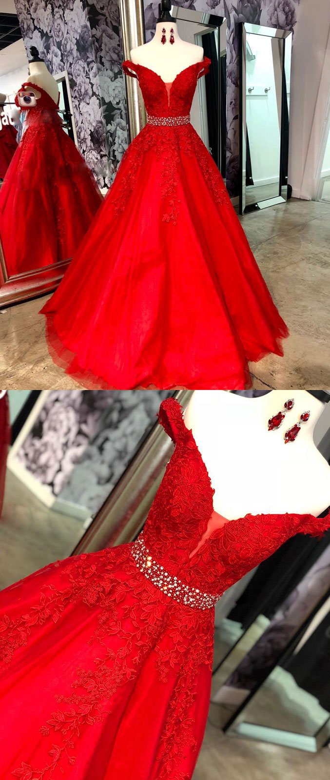 Red Prom Dresses Off Shoulder Lace Appliques Long Formal Occasion Dress