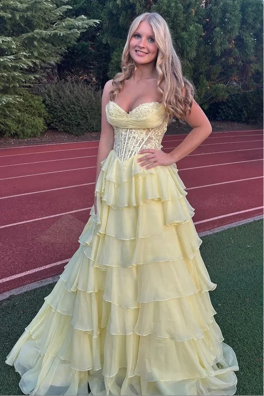 Chiffon A-Line Strapless Empire Tiered Party Prom Dress With Slit
