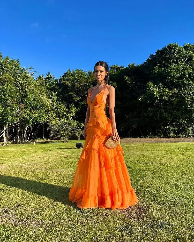Orange Long Prom Dresses V Neck Formal Dress Outfits